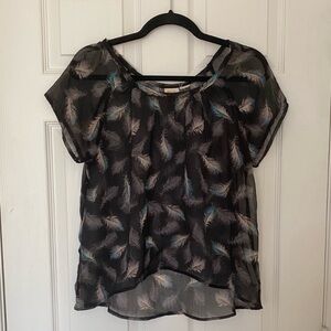 Semi-Sheer Black Feather Print Short Sleeve Top
